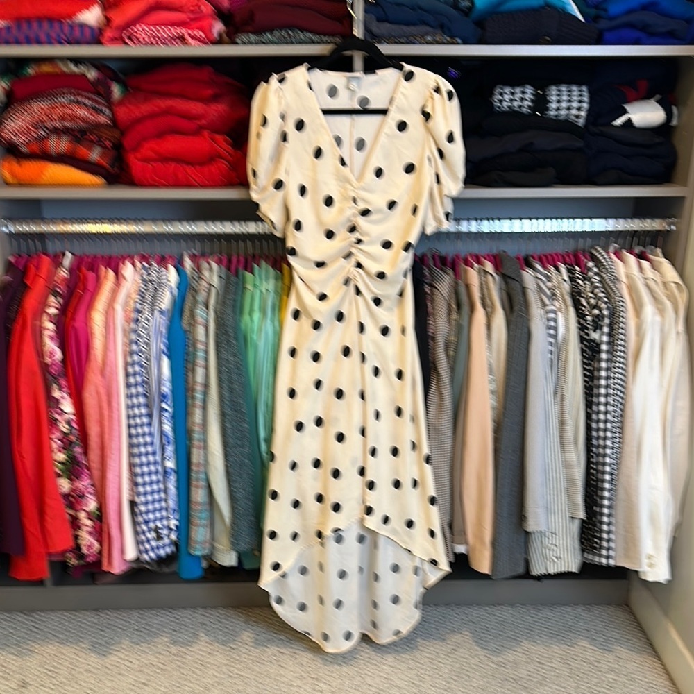 A New Day ivory/black polka dot hi low puff short sleeve ruched dress size XS